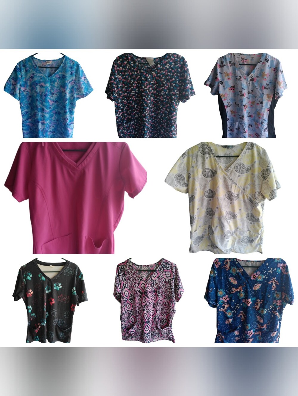 Lot of 8 Floral & Patterned Medical Scrub Tops - Mixed Colors-Large